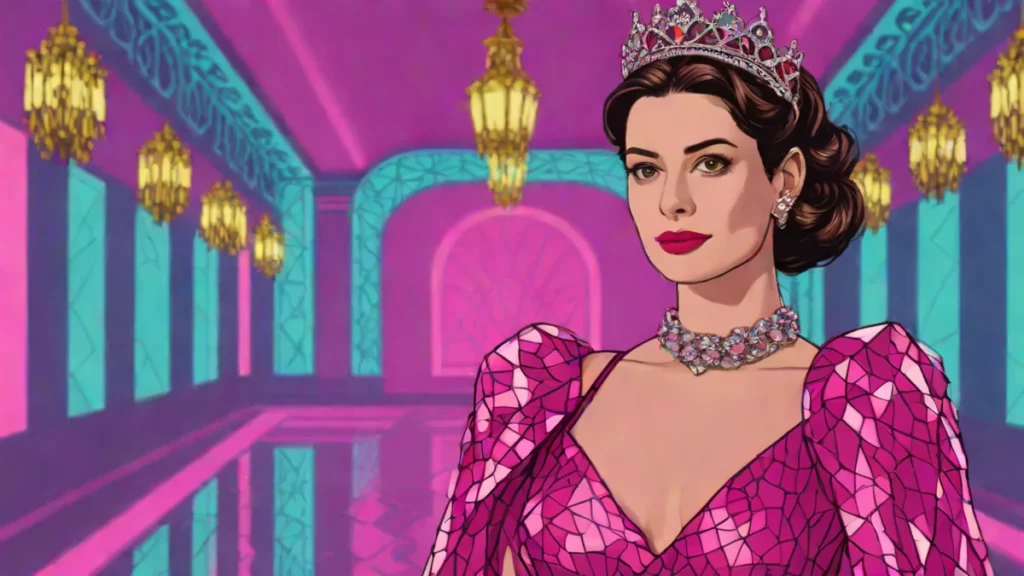 An adult woman dressed as a modern queen wearing a crown in a palace setting.