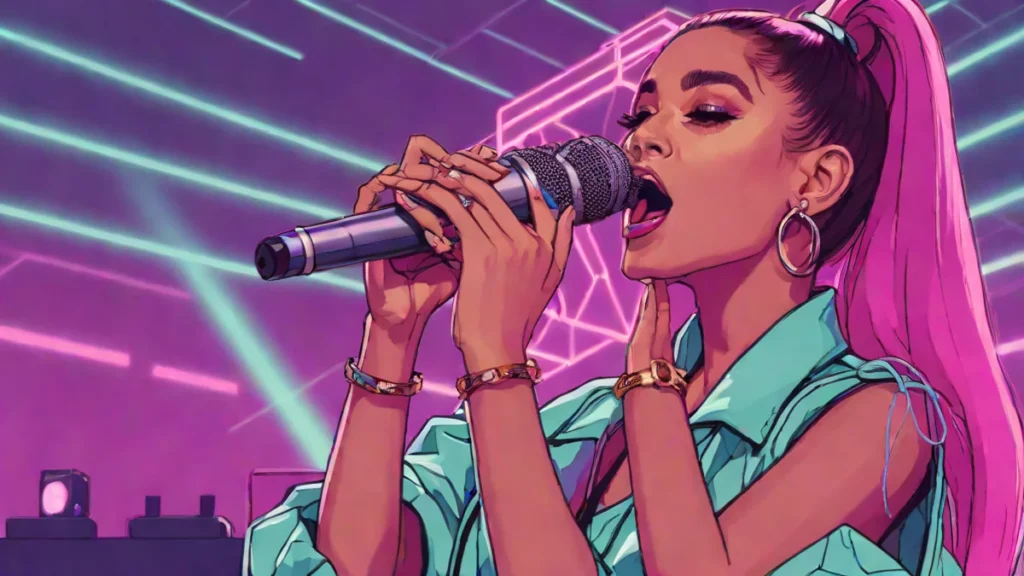 Ariana Grande performing a live concert on a massive stage with intense lighting.