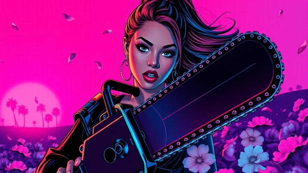 Ariana Grande looking intense while holding a chainsaw surrounded by dark rose petals.