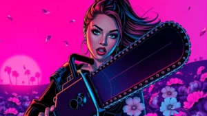 Ariana Grande looking intense while holding a chainsaw surrounded by dark rose petals.