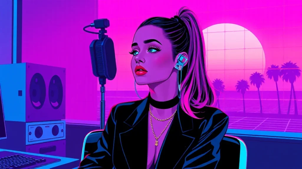 A thoughtful woman resembling Ariana Grande reflecting privately in a professional music studio setting.