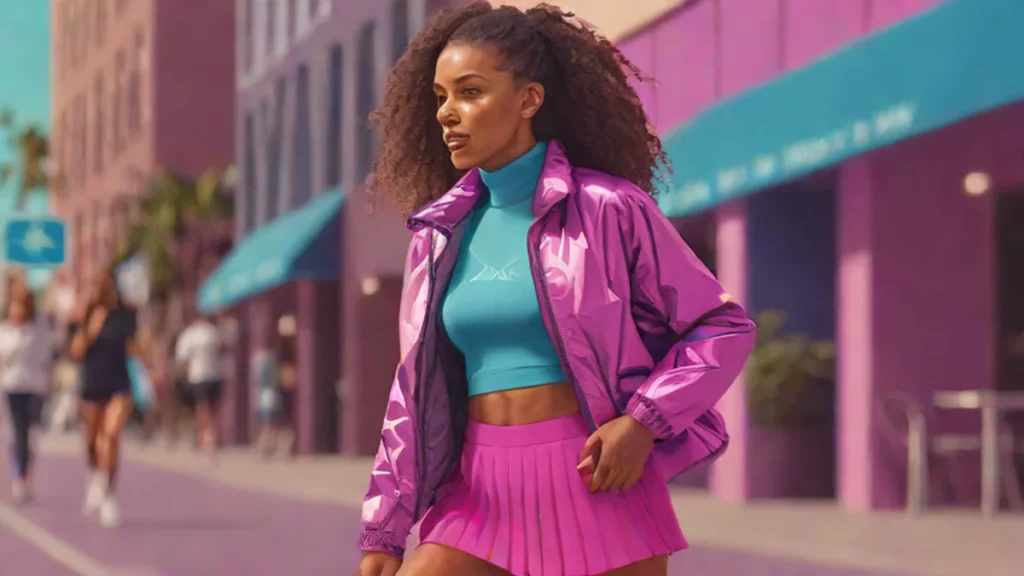 An adult woman wearing Athleta pleated plissé activewear walking outdoors in a city.