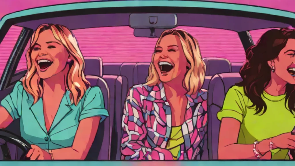 Three happy adult women laughing together during a fun car road trip adventure.