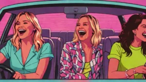 Three happy adult women laughing together during a fun car road trip adventure.