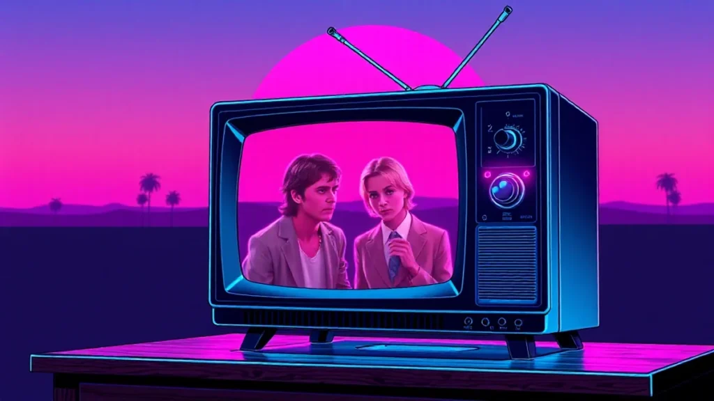 A retro television set showing a distorted and awkward romantic scene from a sitcom.