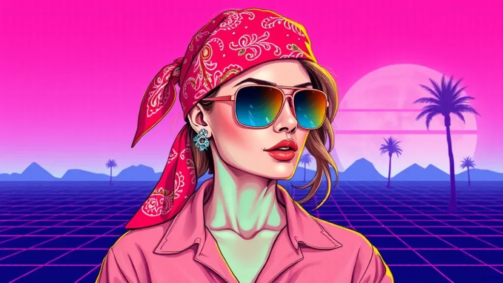 A stylish woman wearing a red paisley bandana and oversized sunglasses for a summer look.