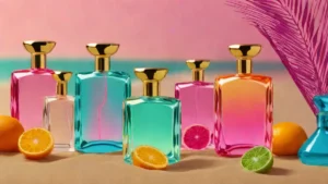 Elegant glass perfume bottles sitting on a sunny beach with ocean waves in the background.