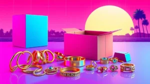 A variety of gold plated earrings, bracelets, and gemstone rings displayed near a package.