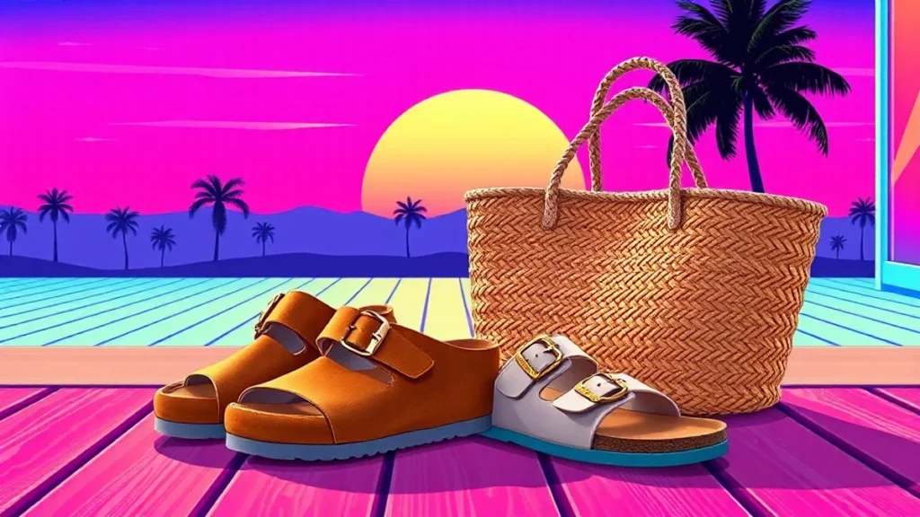 Tan suede Boston clogs and gold buckle Arizona sandals on a sunny outdoor patio.