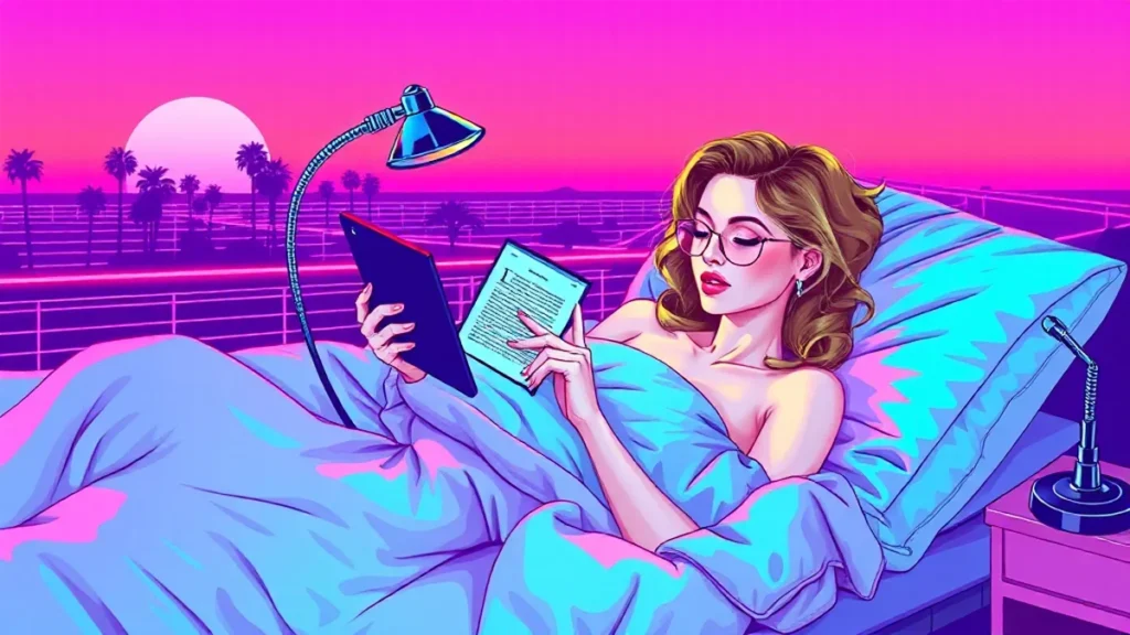 A person using a gooseneck stand and remote page turner to read a Kindle in bed.
