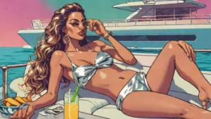 Brooks Nader posing in a silver bikini on a luxury yacht in Positano, Italy.