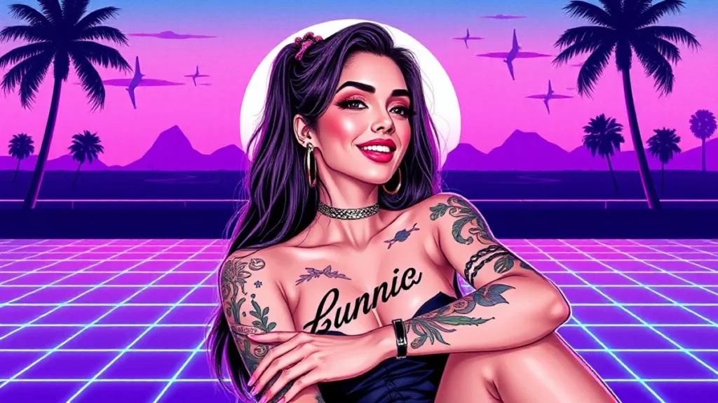 Stylish adult woman Bunnie Xo showcasing her new cursive script tattoo.