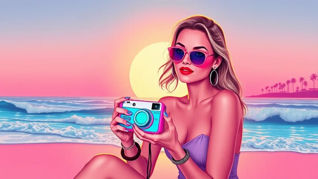 An adult woman holding a small colorful digital camera during a sunny honeymoon on the beach.