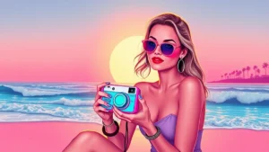 An adult woman holding a small colorful digital camera during a sunny honeymoon on the beach.