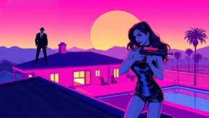 A tense scene of a man on a roof and a woman holding a nail gun.
