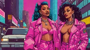 Cardi B looking frustrated on a New York City street with police presence and film production gear.