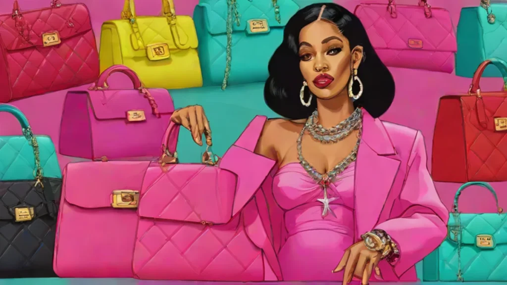 A fashionable woman showcasing a collection of expensive designer luxury handbags and shopping bags.