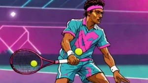 Professional tennis player Carlos Alcaraz competing on a hard court during a tournament.