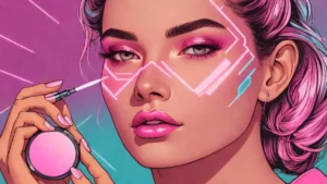 A close up of a woman blending peach cream blush onto her cheeks and nose.