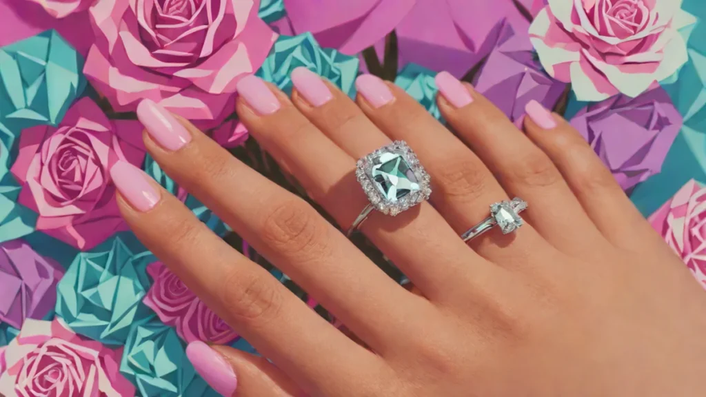 Close up of a sparkling diamond engagement ring on a woman's finger during a celebration.