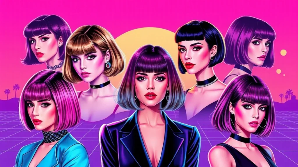 A collection of diverse women sporting trendy blunt bobs and layered lob hairstyles.