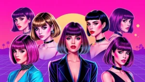 A collection of diverse women sporting trendy blunt bobs and layered lob hairstyles.