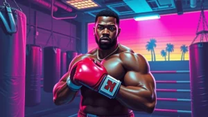 A determined heavyweight boxer standing in a dark, intense urban boxing gym environment.