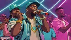 50 Cent and singer Joe performing together during an energetic R&B Versus music battle.