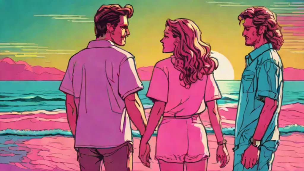 A romantic couple posing closely together on a sunny summer beach coastline.