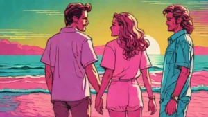 A romantic couple posing closely together on a sunny summer beach coastline.