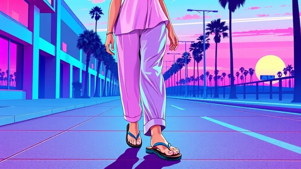 A fashionable woman walking in elegant leather flip flop sandals and summer clothing.