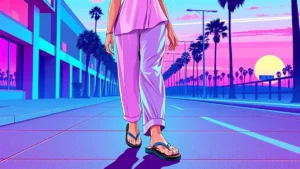 A fashionable woman walking in elegant leather flip flop sandals and summer clothing.