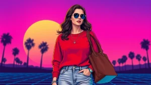 Claire Foy wearing a bright red sweater and light-wash jeans for effortless style.