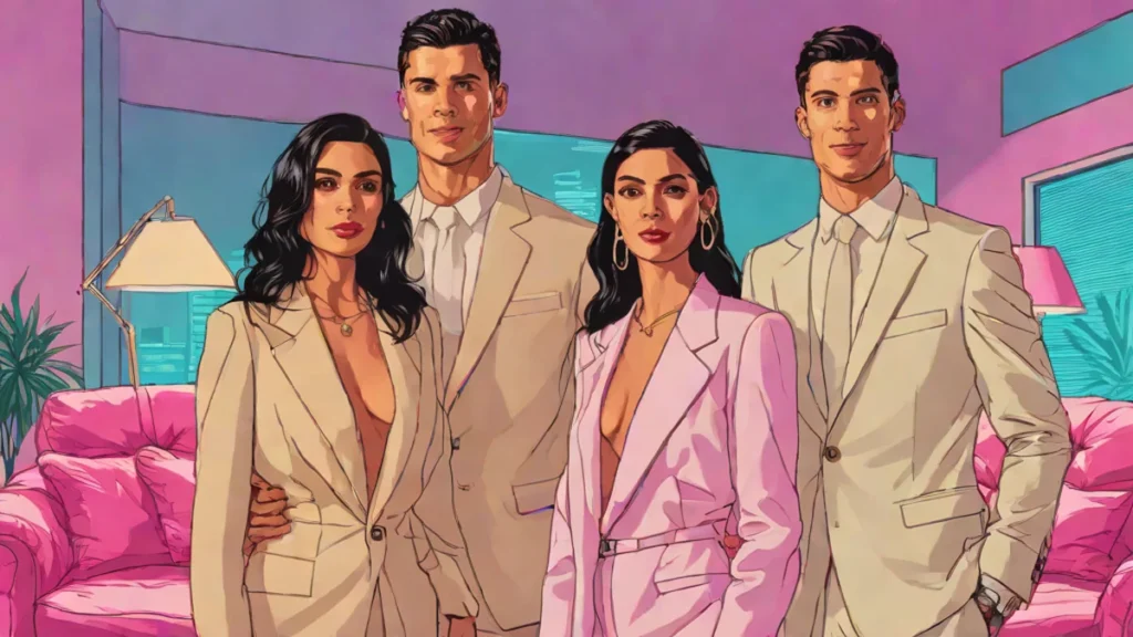 Cristiano Ronaldo and Georgina Rodriguez posing together in an intimate living room setting wearing chic neutral outfits