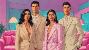 Cristiano Ronaldo and Georgina Rodriguez posing together in an intimate living room setting wearing chic neutral outfits