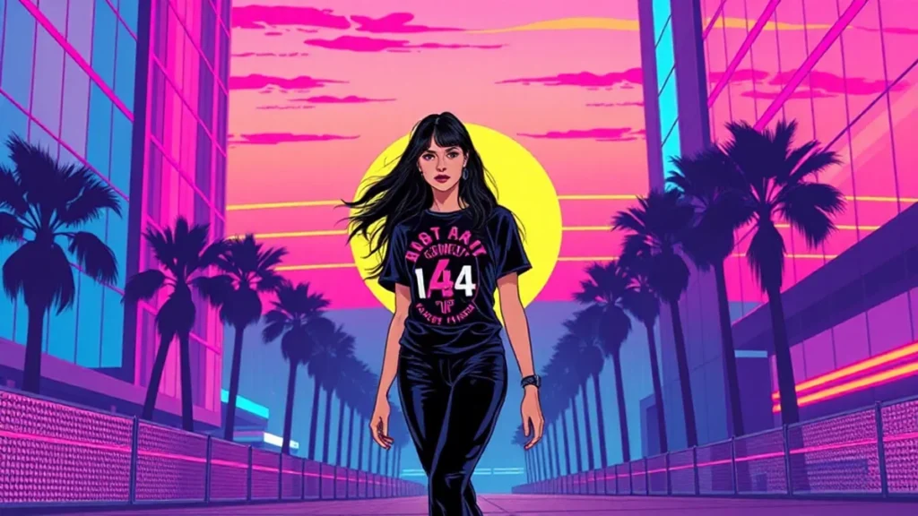 Dakota Johnson wearing a vintage black t-shirt and black pants walking in Los Angeles.