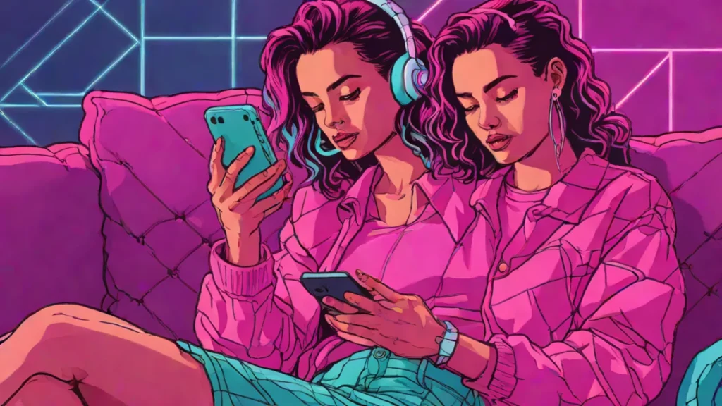 Frustrated adult woman looking at dating apps on her smartphone while sitting on a sofa.