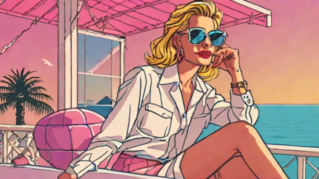 A fashionable woman enjoying a luxury European summer vacation overlooking the sea.