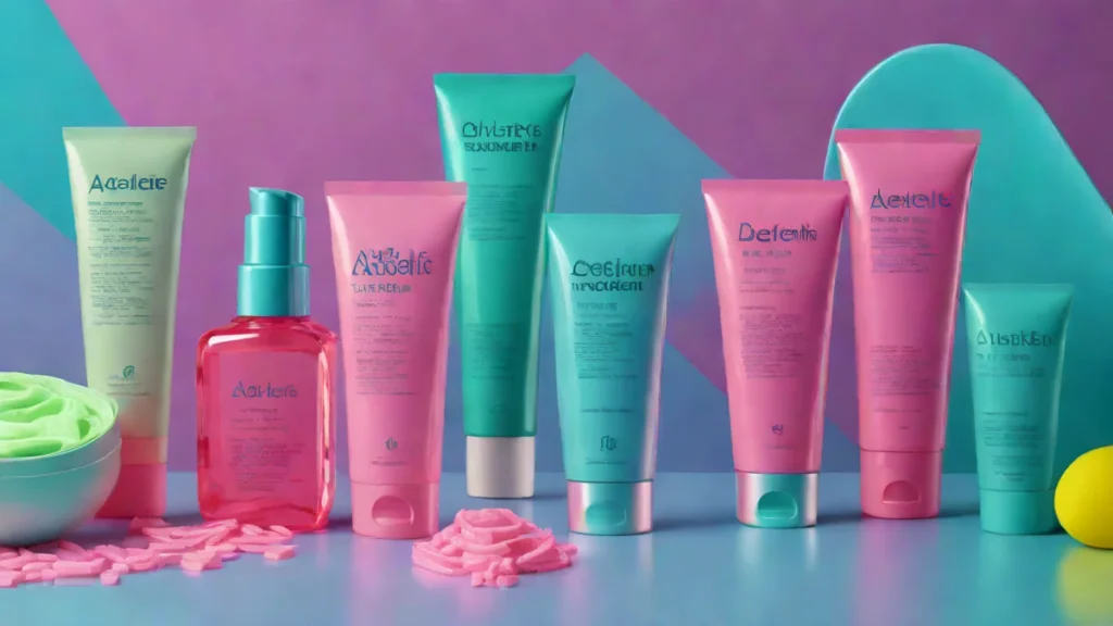 Close up of acne treatment gel tubes and cleanser on a marble counter.