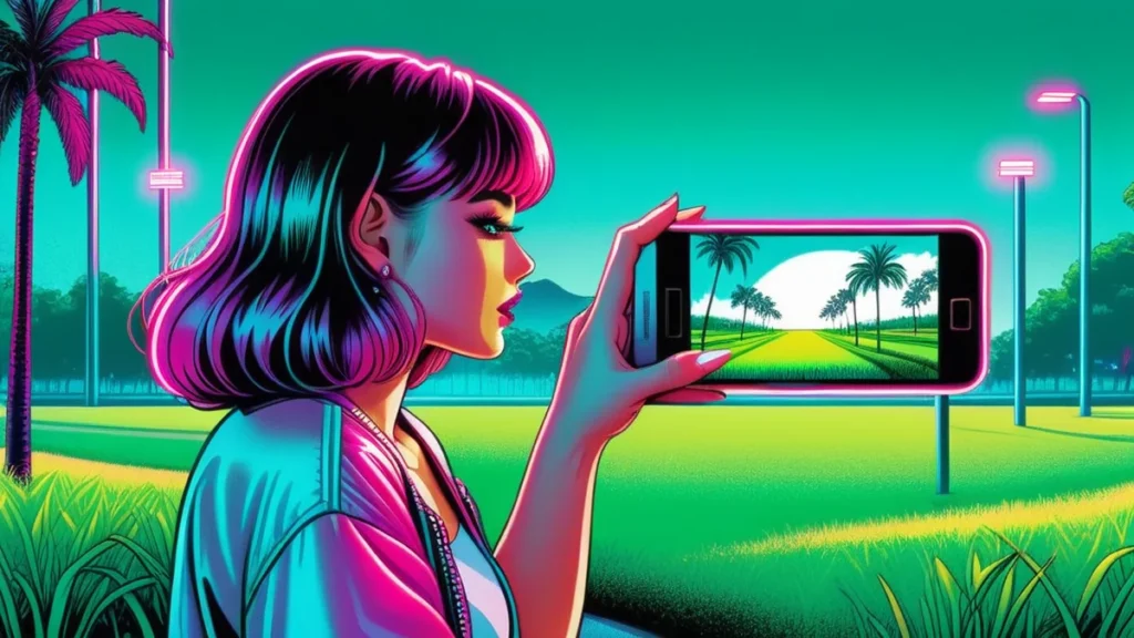 A woman using her smartphone to photograph green grass in an outdoor park setting.