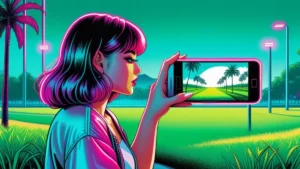 A woman using her smartphone to photograph green grass in an outdoor park setting.