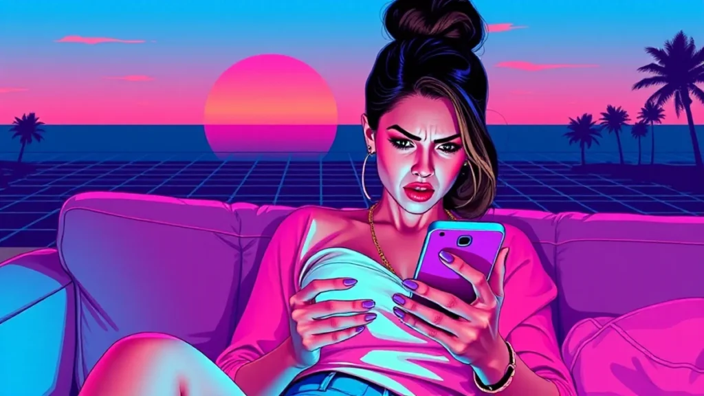 Anxious adult woman staring intensely at her smartphone screen in a dimly lit room.