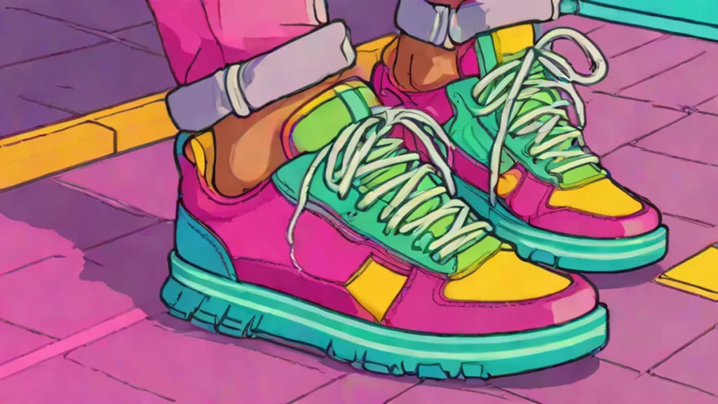 Close up of a woman wearing vibrant multicolored designer sneakers with neutral denim pants.