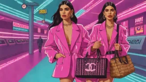 Dua Lipa carrying a massive oversized Chanel raffia basket bag through an airport terminal.