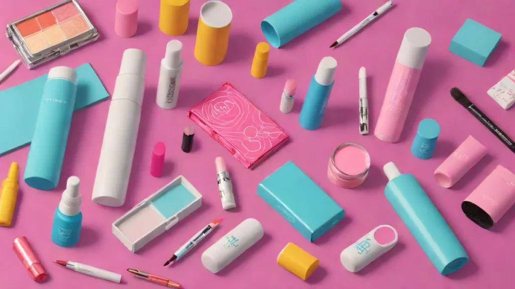 An assortment of high-end skincare products, makeup, white ballet flats, and a stylish tumbler.