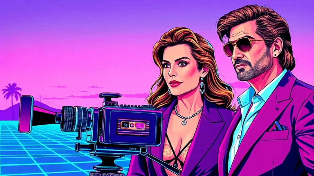 Elizabeth Hurley and Billy Ray Cyrus collaborating on a music video production set.
