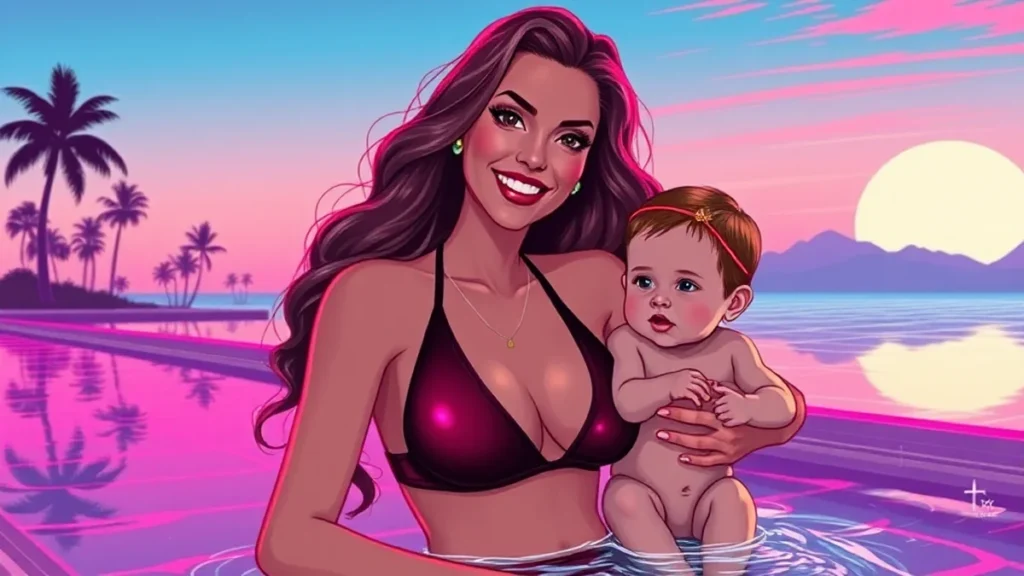 Elsie Hewitt and her baby daughter enjoying a sunny day by the swimming pool.
