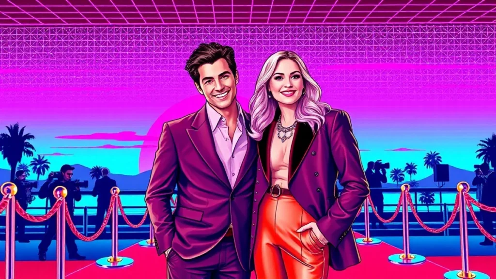 Actors Ethan Slater and Betsy Wolfe posing together on a red carpet for Little Shop of Horrors.