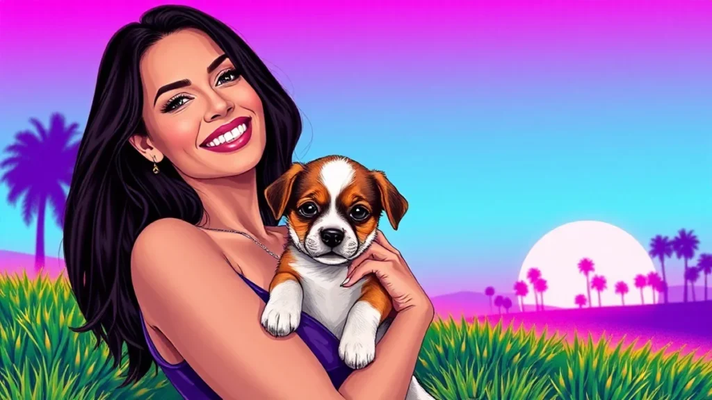 Eva Mendes smiling while holding her new rescue dog Charlie in a grassy outdoor setting.