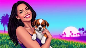 Eva Mendes smiling while holding her new rescue dog Charlie in a grassy outdoor setting.